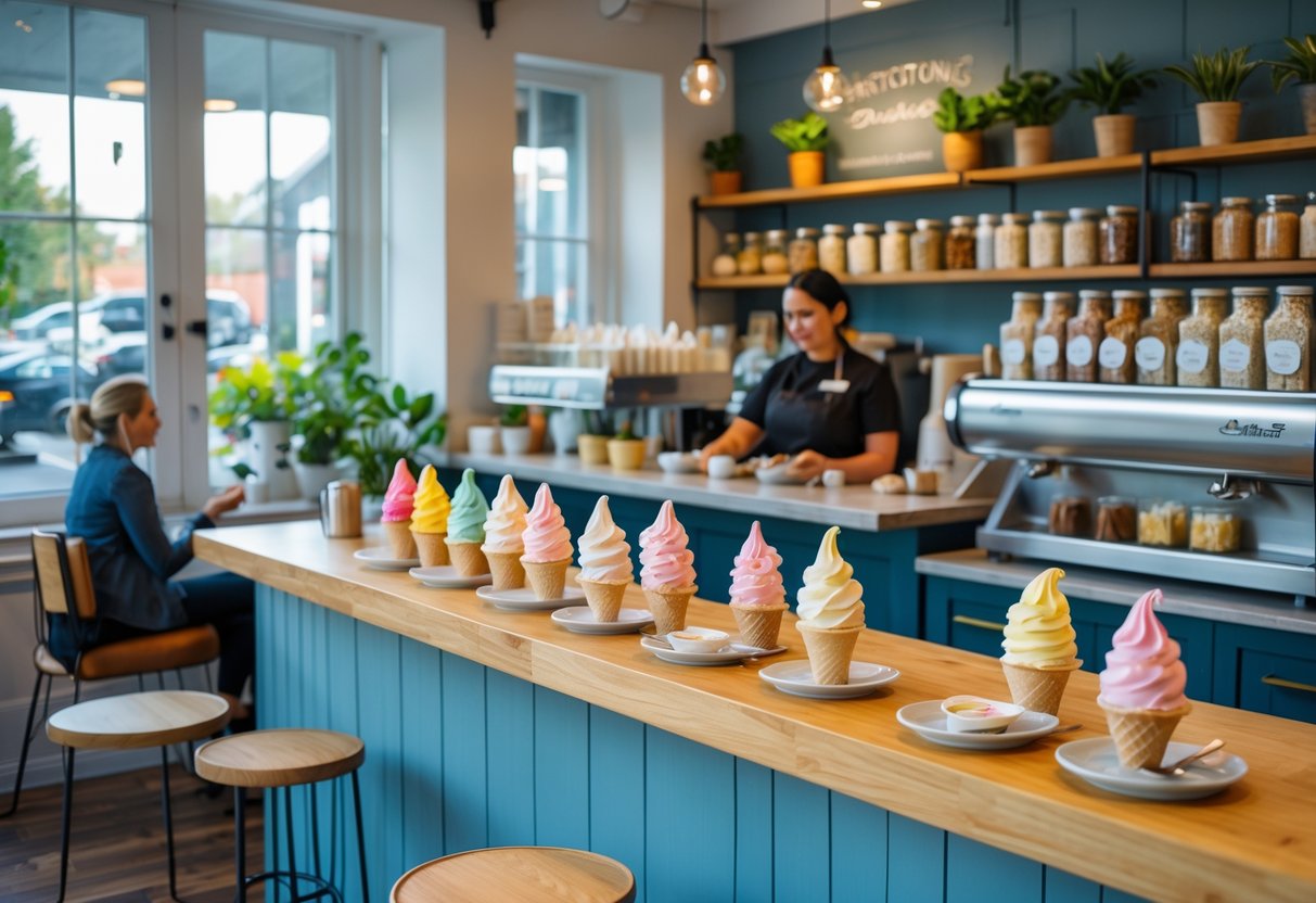 Interior of a bright ice cream and dessert cafe with customers enjoying treats and a barista serving behind the counter.