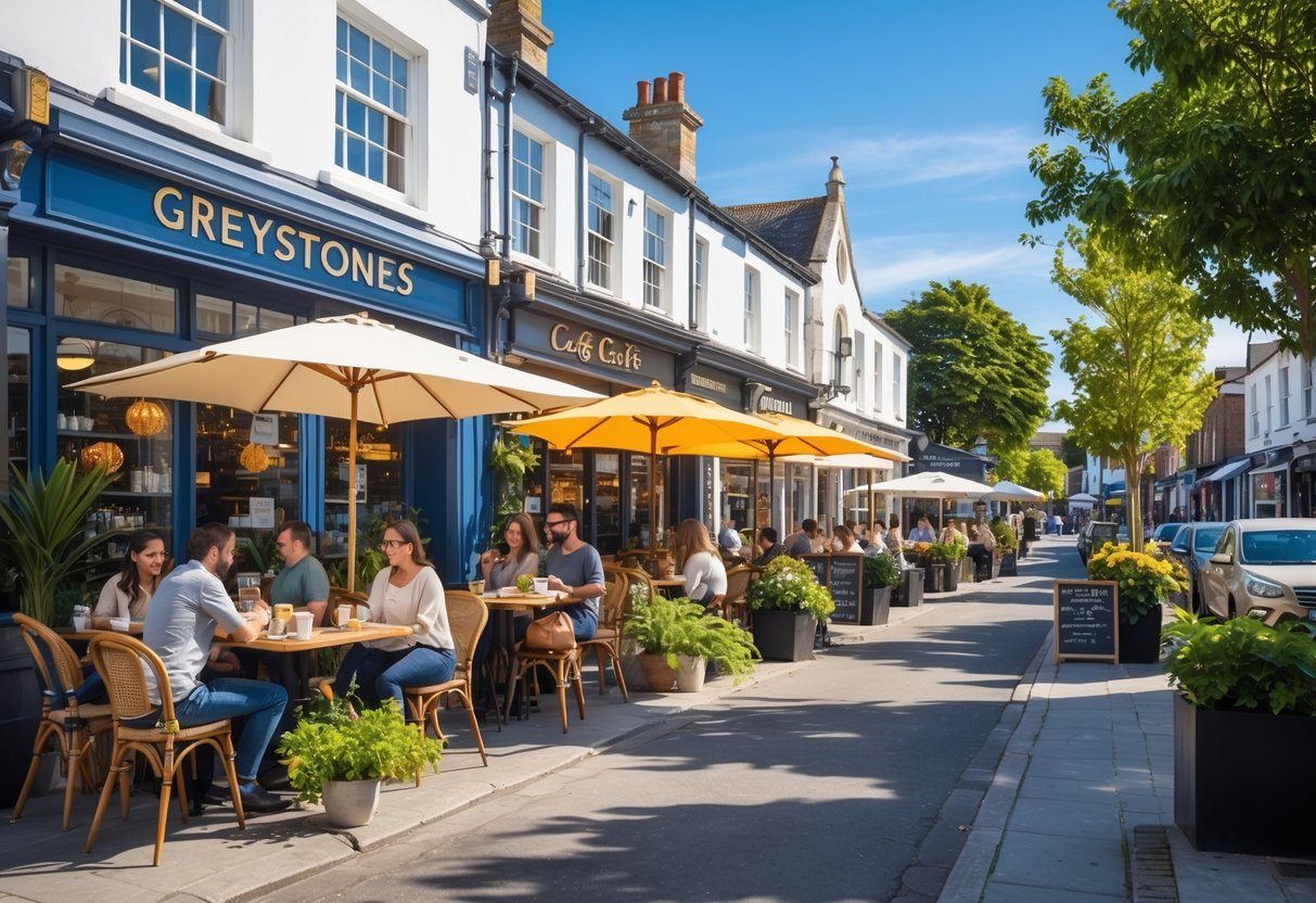 A sunny street in Greystones with outdoor café seating, people enjoying coffee, and trees lining the sidewalk.
