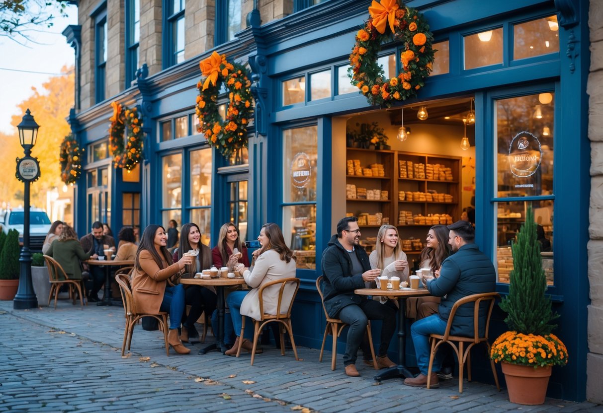 Outdoor scene of a greystone cafe with people enjoying coffee and seasonal decorations on a sunny day.
