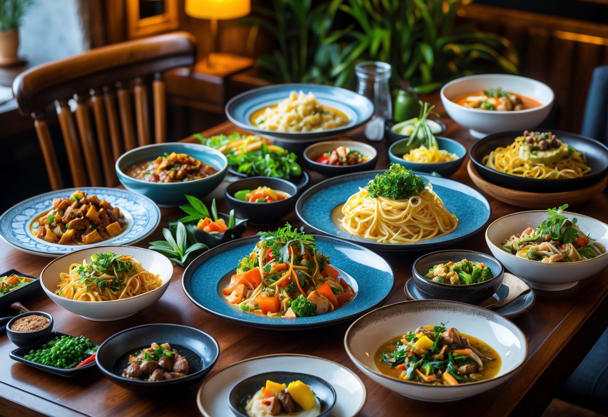 A table displaying a variety of colorful dishes representing different cuisines served in Dundrum restaurants.