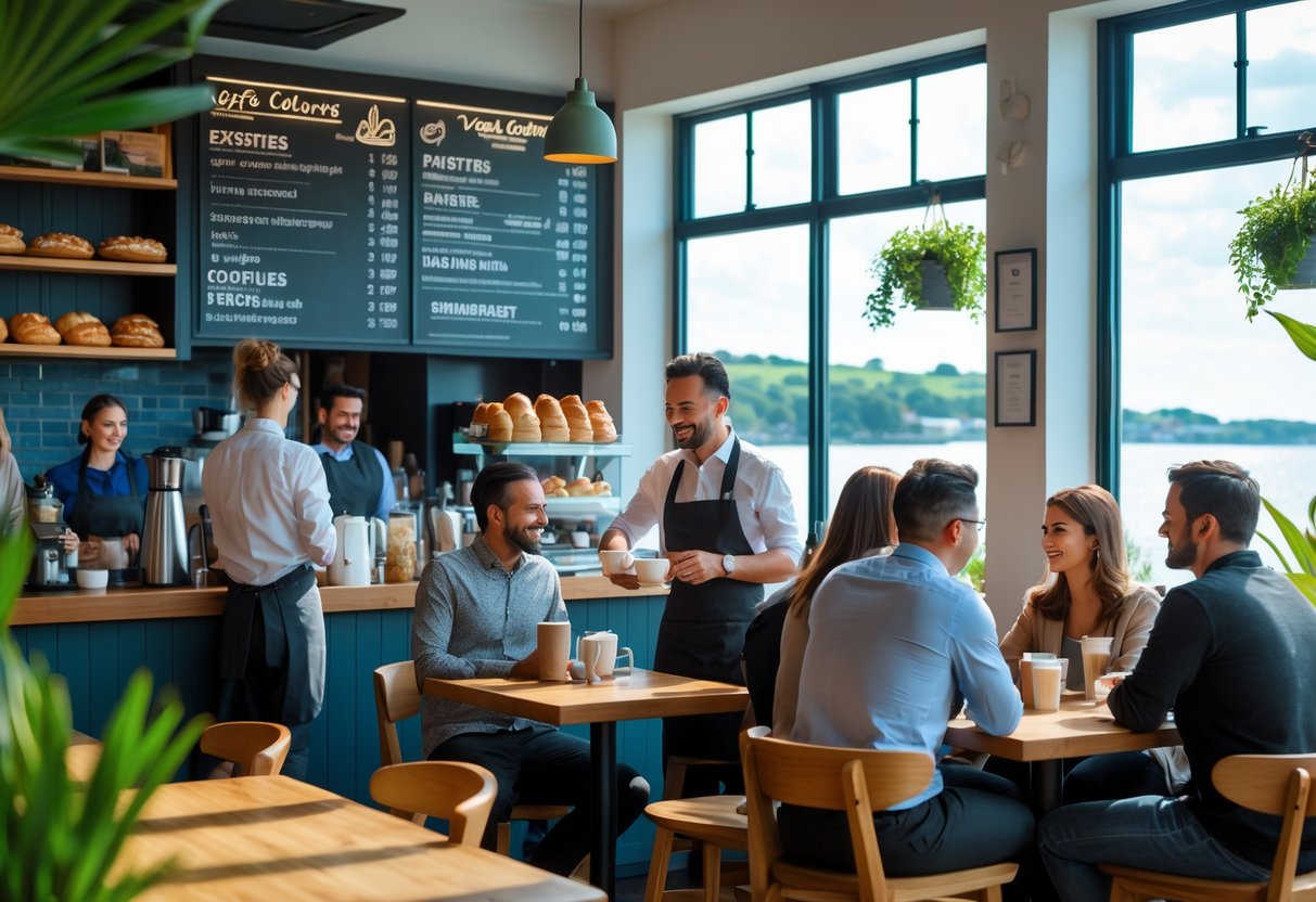 A cozy cafe interior with a barista serving coffee to customers, large windows showing a seaside view, and plants decorating the space.
