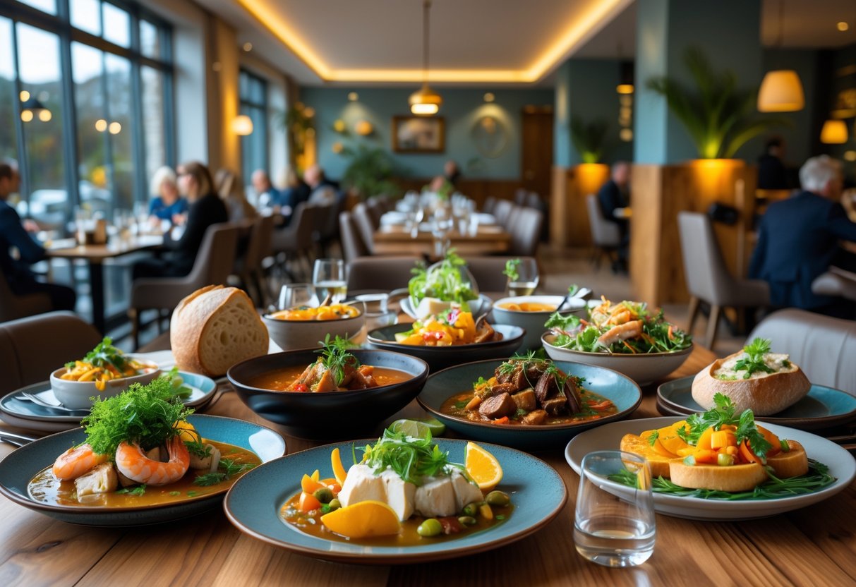 A table filled with various local dishes in a Dundrum restaurant with people dining in the background.