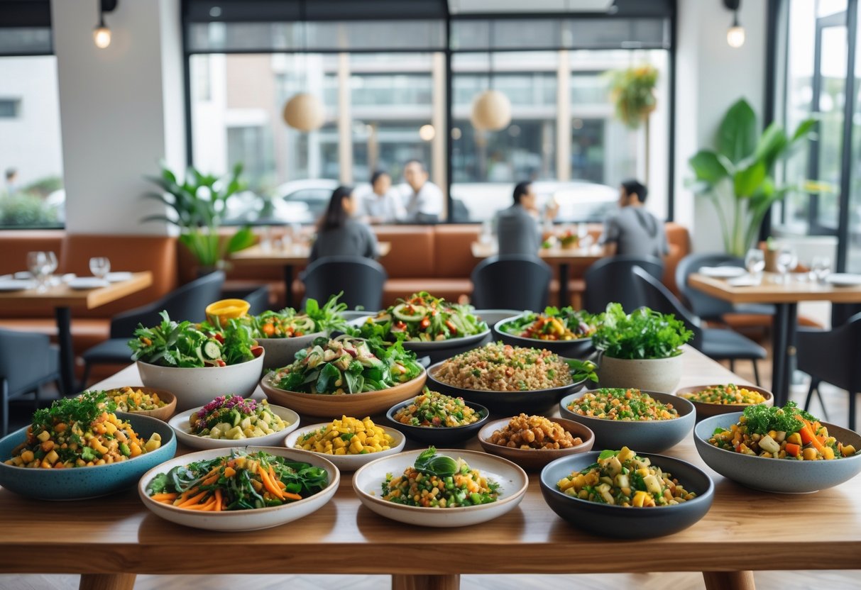 A restaurant table with a variety of colorful vegan and vegetarian dishes and people dining in a bright, cozy space.