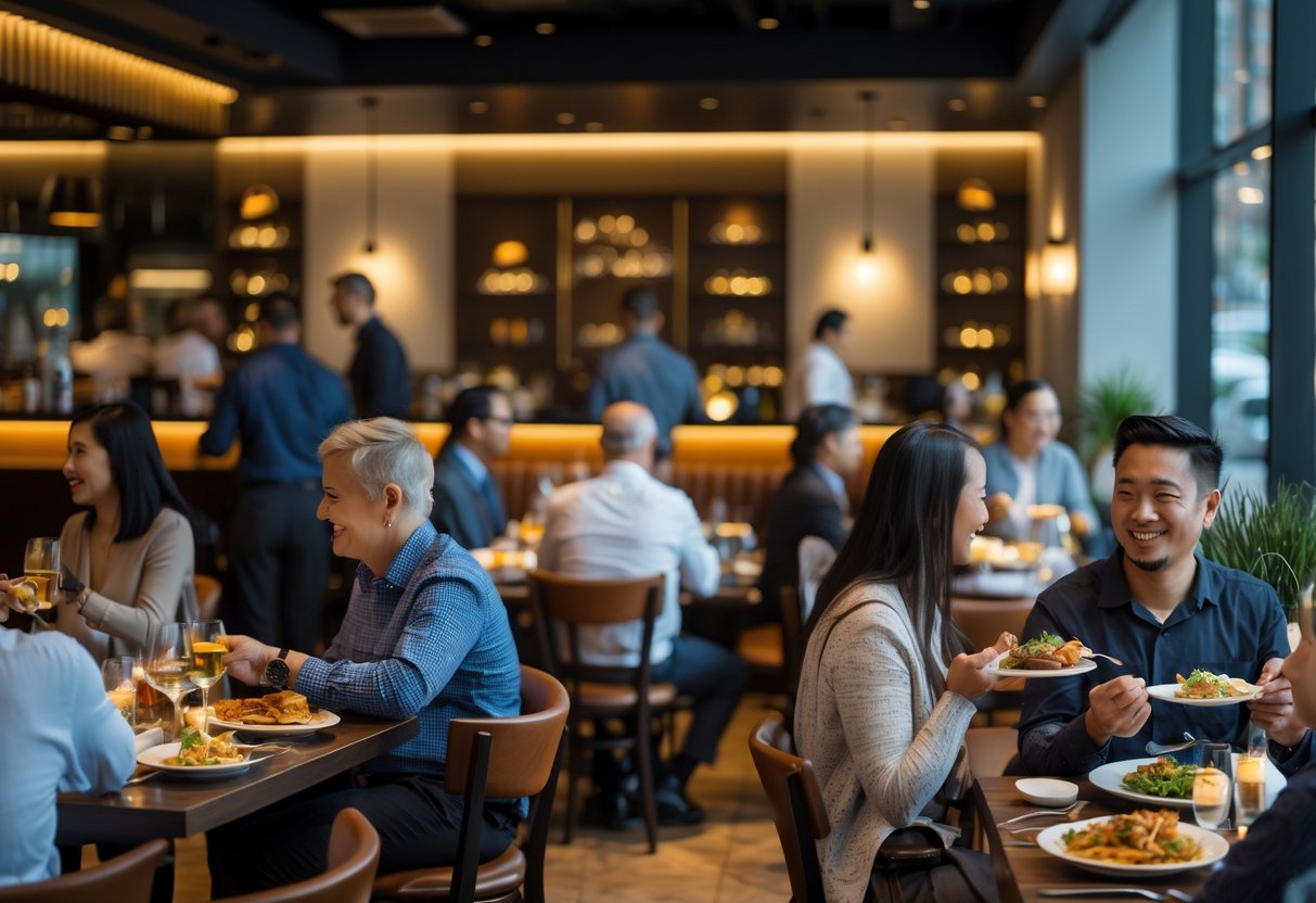 A modern restaurant interior with diverse diners enjoying various meals, showing a mix of casual and upscale dishes in a warm and inviting atmosphere.