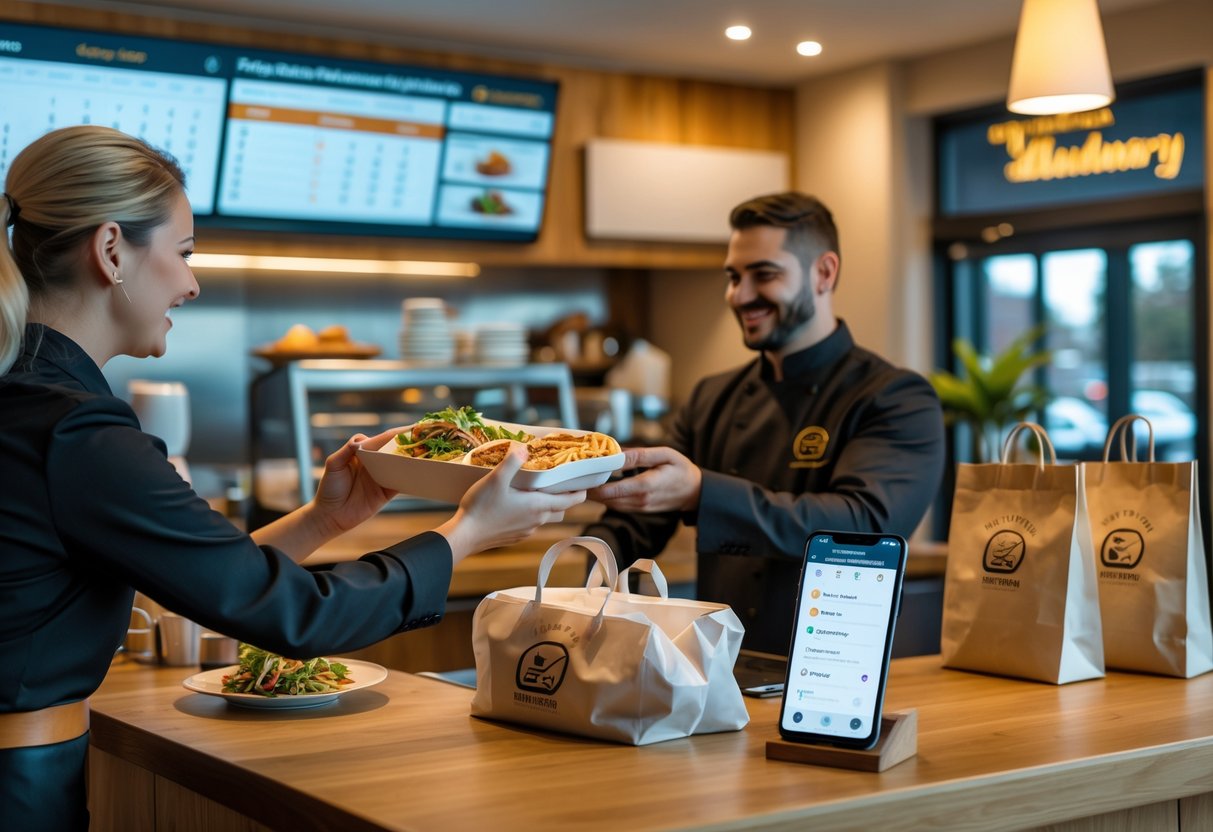 A restaurant employee handing a takeaway meal to a customer with a digital reservation screen and delivery items visible in the background.