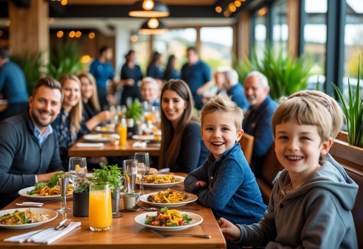 A busy restaurant with families and groups of people enjoying meals together at large tables in a bright and welcoming space.