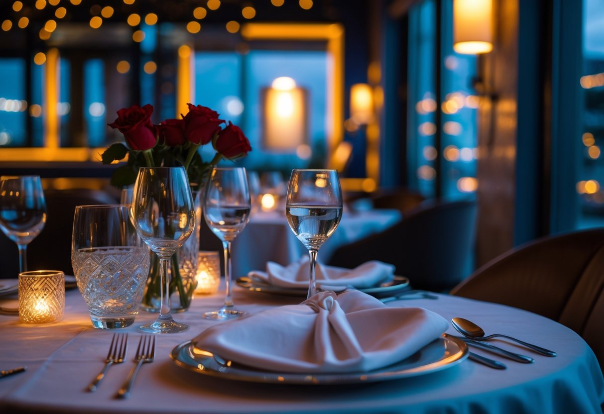 A romantic restaurant table set for two with candles, roses, and elegant dinnerware in a softly lit dining room.