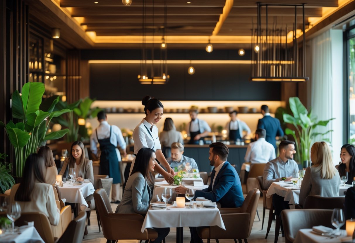 A restaurant interior with staff helping customers seated at tables, with chefs working in the open kitchen in the background.