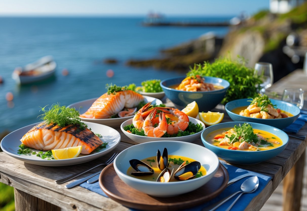 A table outdoors near the sea displaying a variety of fresh seafood dishes including grilled fish, prawns, mussels, and seafood chowder with lemon and herbs.