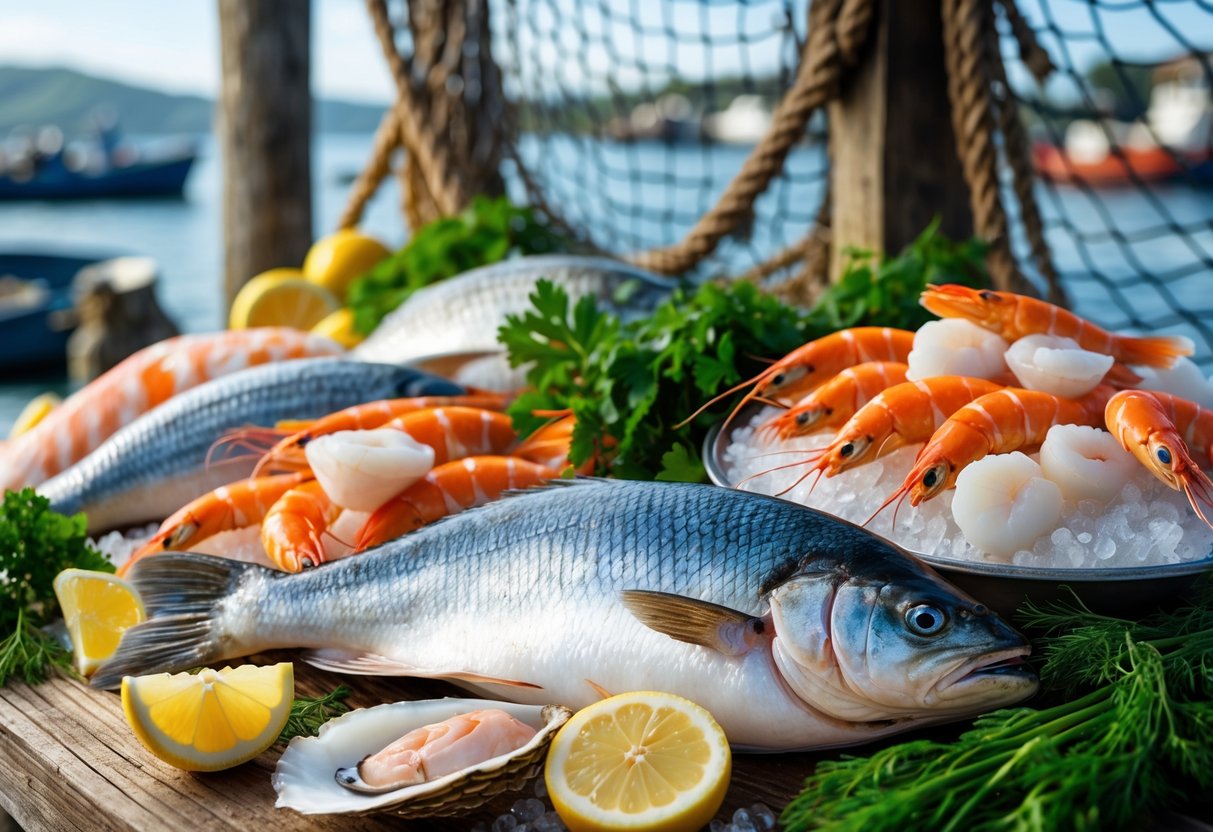 A display of fresh fish, shellfish, and crustaceans on a wooden table with lemon wedges and herbs, set against a blurred coastal harbor background.