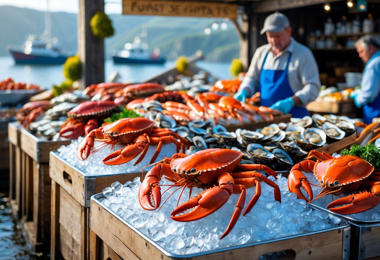 Fresh seafood including lobsters, crabs, oysters, mussels, and fish displayed on ice at an outdoor market in a coastal town with fishing boats in the background.