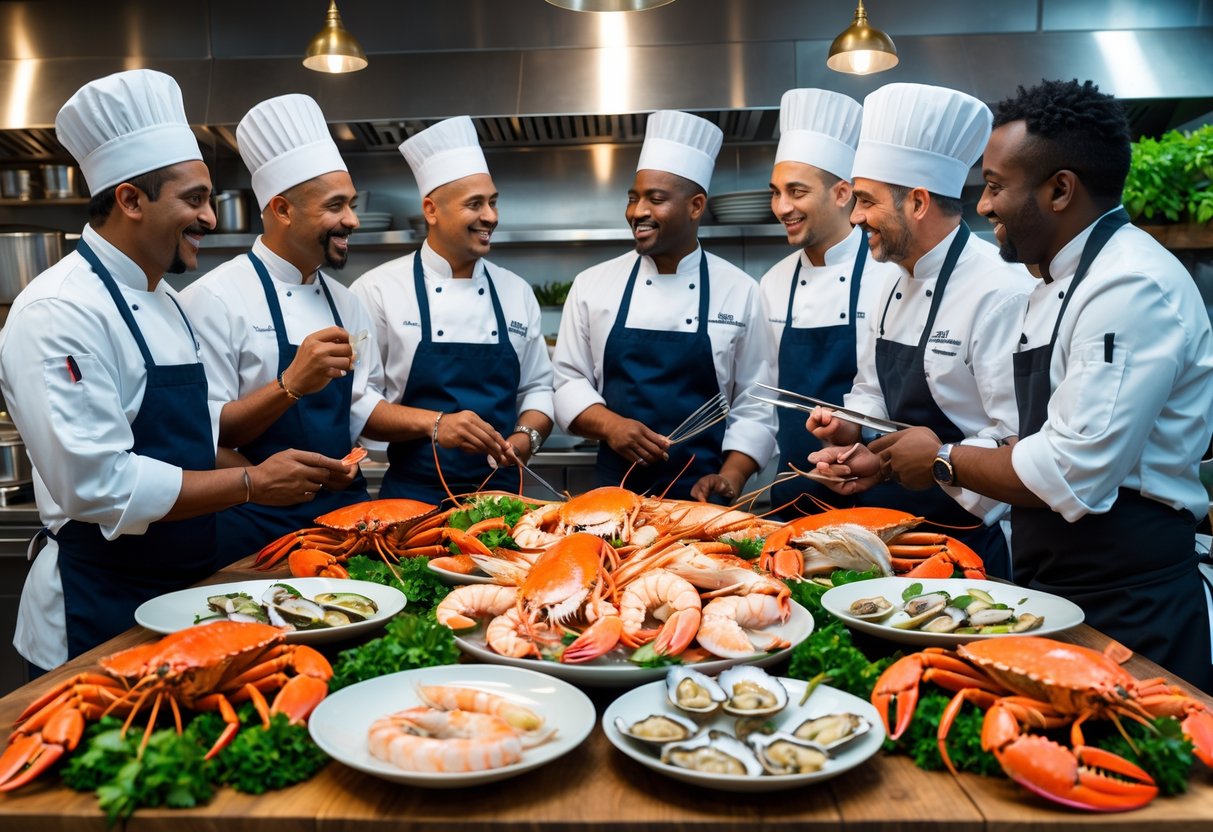 A group of chefs in a kitchen gathered around a table filled with fresh seafood, discussing and preparing ingredients.