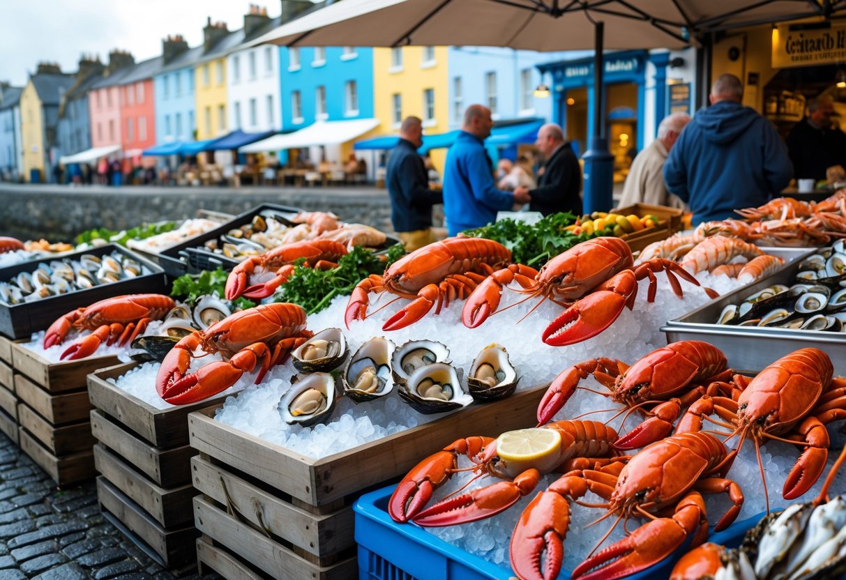 Fresh seafood displayed on ice at an outdoor market near a seaside town with colorful buildings and people in the background.