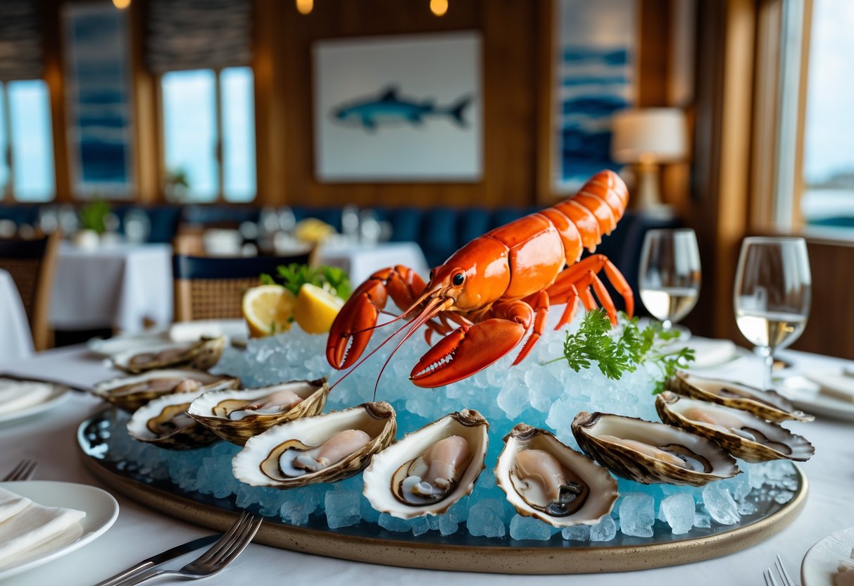 A dining table with fresh seafood dishes in an elegant restaurant interior.