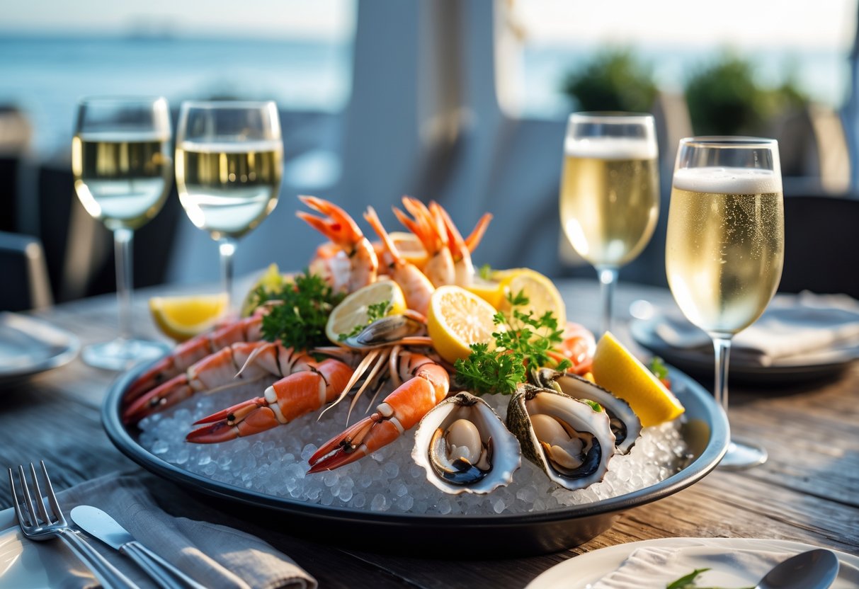 A seafood platter with prawns, oysters, crab legs, and mussels on ice, accompanied by glasses of white wine and beer on a wooden table.