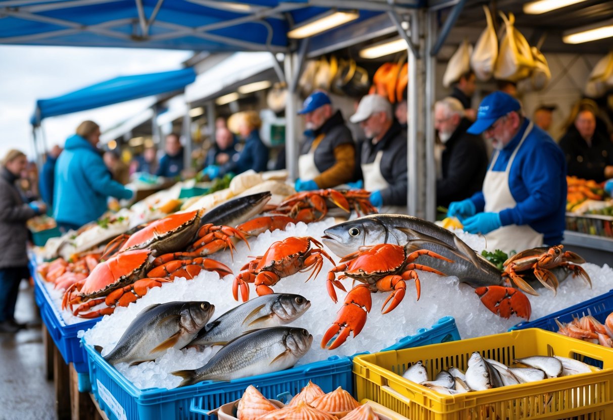 A busy seafood market in Wexford with fresh fish, crabs, lobsters, and shellfish displayed on ice and vendors serving customers outdoors.