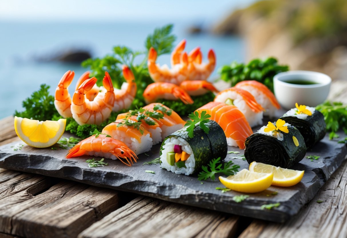 An assortment of vegan seafood alternatives including plant-based shrimp, fish fillets, and seaweed sushi arranged on a wooden table with lemon wedges and fresh herbs.