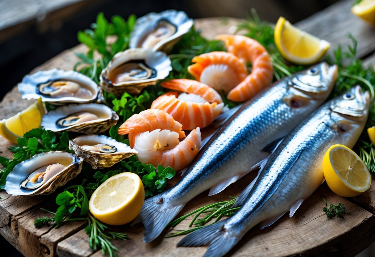 A variety of fresh seafood including oysters, langoustines, scallops, and fish arranged on a wooden table with lemon wedges and herbs.