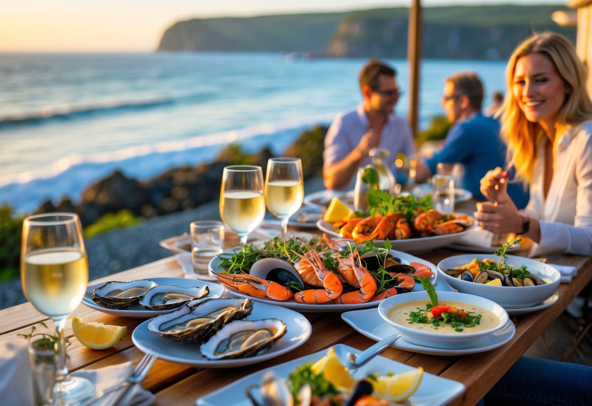 People enjoying fresh seafood dishes at a seaside table in Bray with the sea and cliffs in the background.
