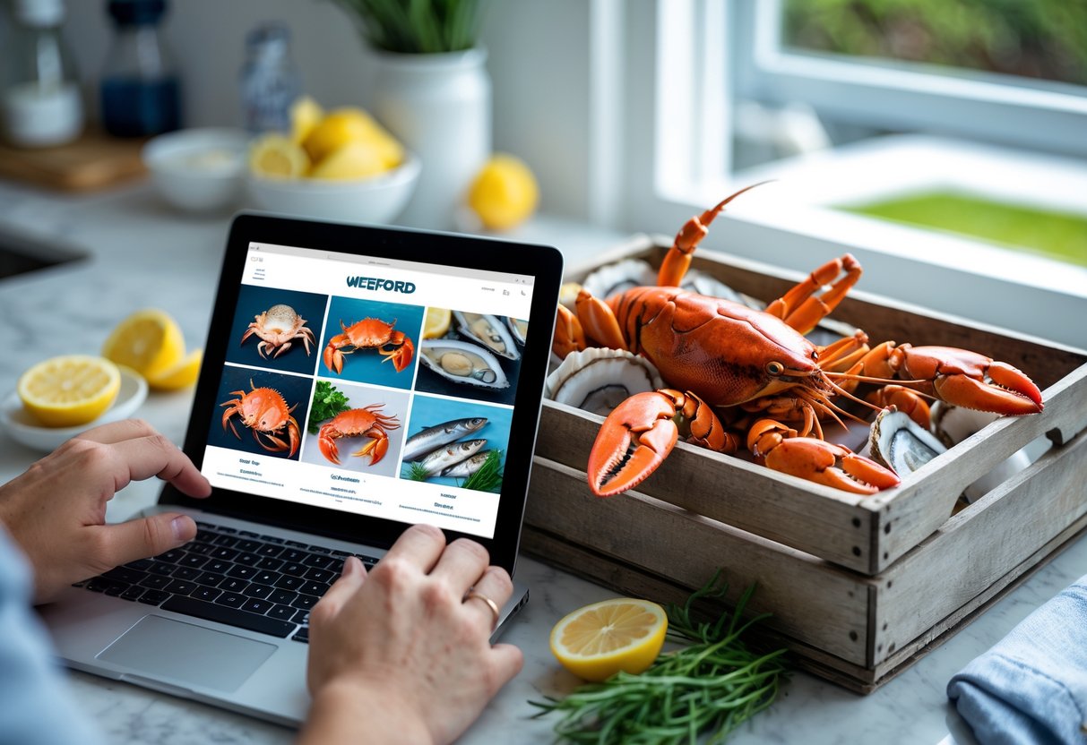Person ordering fresh seafood online on a laptop in a bright kitchen with fresh seafood displayed on the counter.