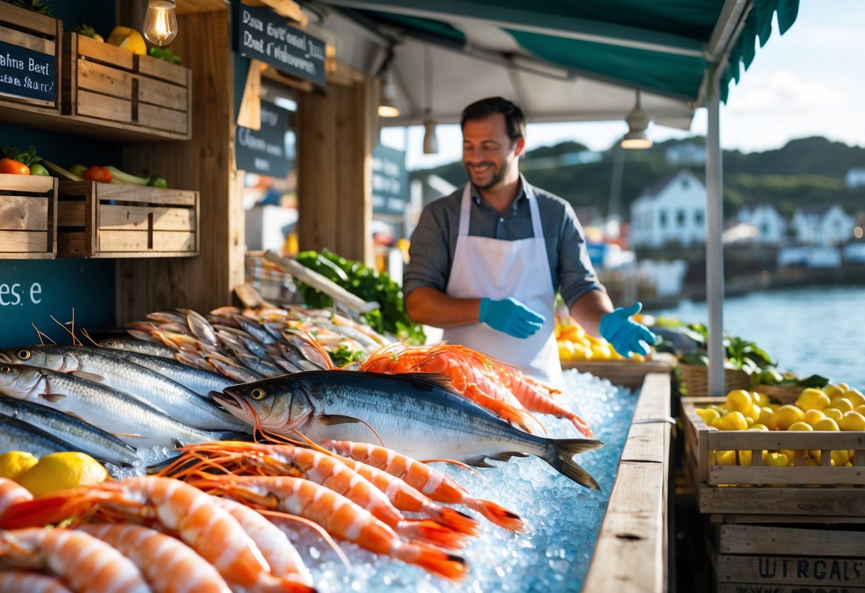 A fishmonger at a seafood market stall showing fresh seafood to a customer at Bray.