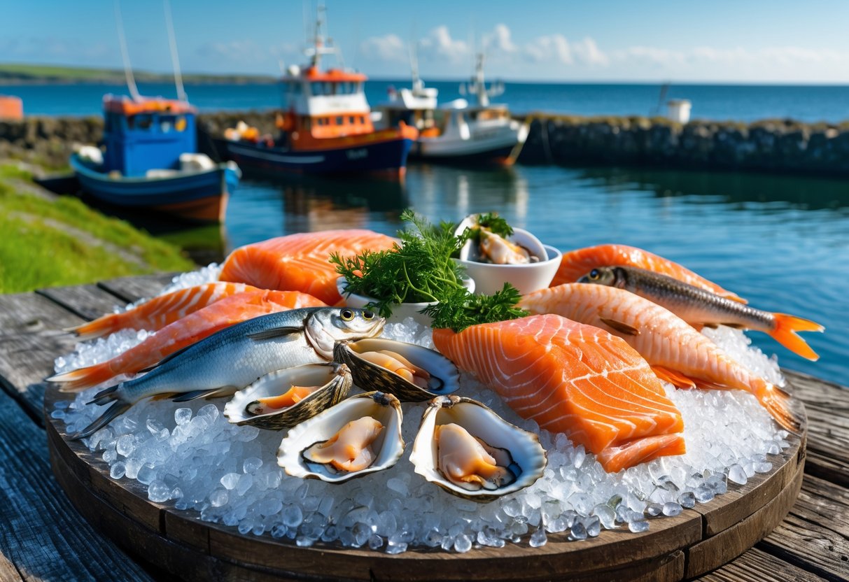 Fresh seafood including fish, oysters, mussels, and crabs displayed on a wooden table near a coastal harbor with fishing boats in the background.