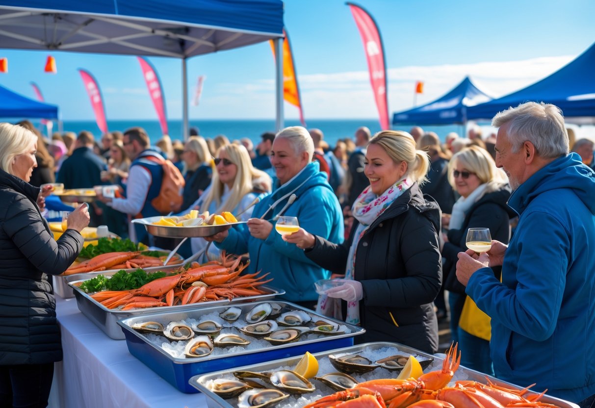 Crowd enjoying a seafood festival outdoors near the sea with colorful food stalls and fresh seafood dishes on display.