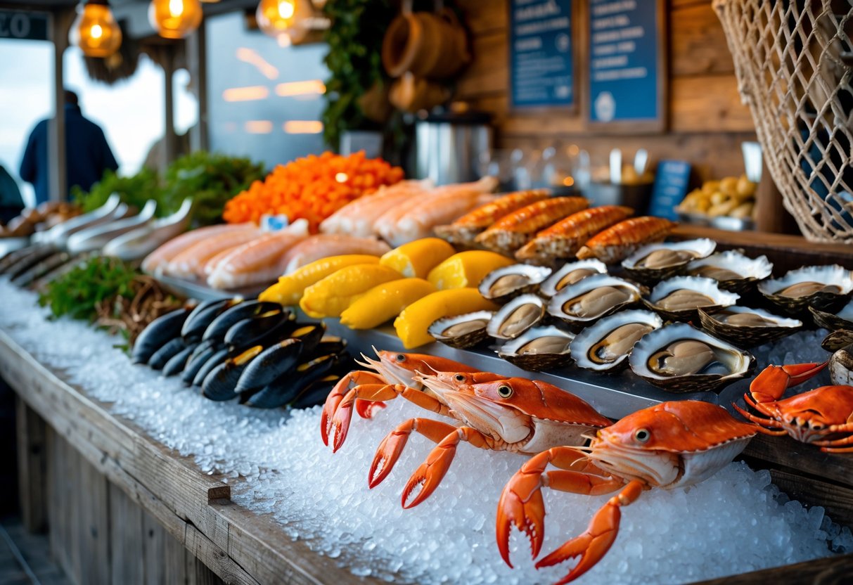 A fresh seafood display with oysters, mussels, crabs, and fish arranged on ice at a market counter with fishing nets in the background.