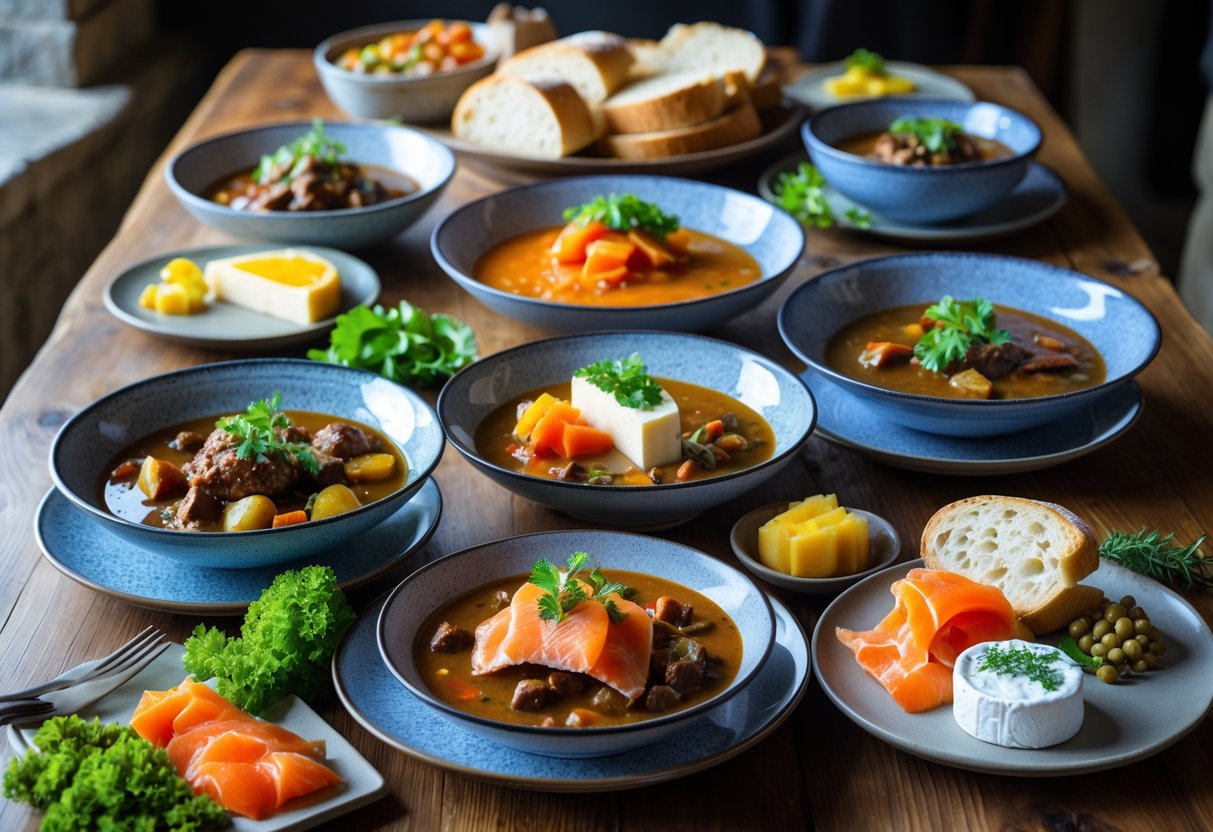 A table with traditional Irish dishes including stew, soda bread, cheeses, smoked salmon, and vegetables arranged on plates in a cozy setting.