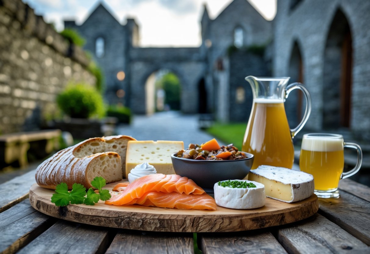 A rustic outdoor table with traditional Irish foods like soda bread, cheese, smoked salmon, and stew, set against historic stone buildings in Kilkenny.