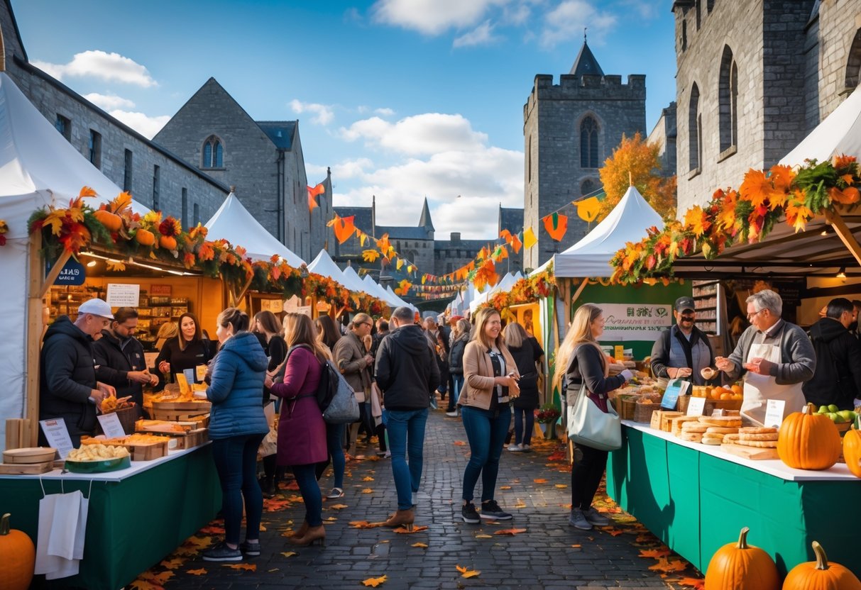 People enjoying an outdoor food festival in Kilkenny with food stalls, seasonal decorations, and historic buildings in the background.