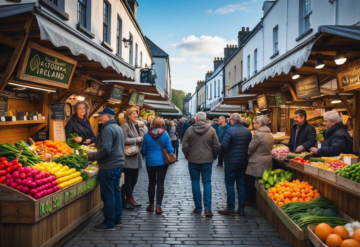 A lively outdoor food market in Kilkenny with fresh produce, vendors, and shoppers among historic buildings.