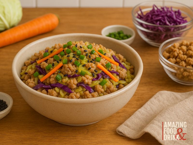 A bowl of textured soy protein mixed with green onions, carrots, and purple cabbage captures the flavors of an Unstuffed Egg Roll, with small bowls of spring roll ingredients in the background on a wooden table.