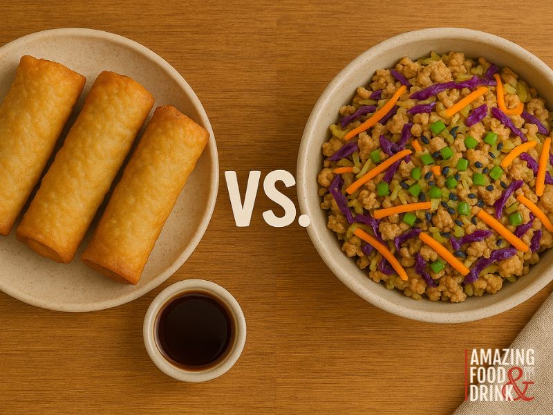 A plate of three Chinese-American spring rolls with dipping sauce is shown on the left, and a bowl of Unstuffed Egg Roll&mdash;ground meat with vegetables&mdash;appears on the right, separated by "VS." text.