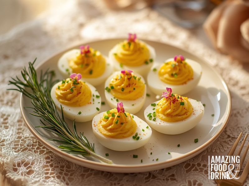 A plate of deviled eggs garnished with herbs and edible flowers, arranged neatly on a lace tablecloth with a sprig of rosemary&mdash;perfect for a festive Christmas gathering.