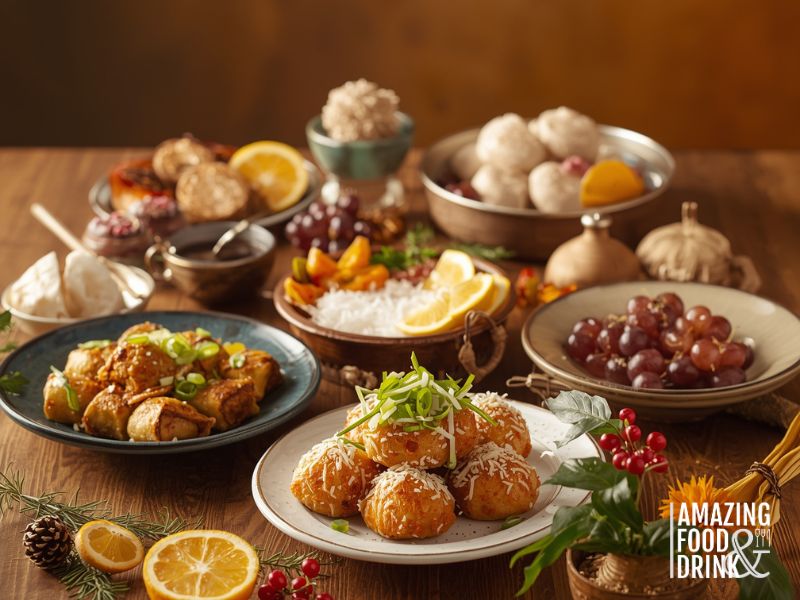 A variety of plated dishes, including potluck appetisers like fried appetizers, grapes, citrus slices, rice, and pastries, are arranged on a wooden table with the logo "Amazing Food & Drink"&mdash;perfect for your Noche Buena celebration.