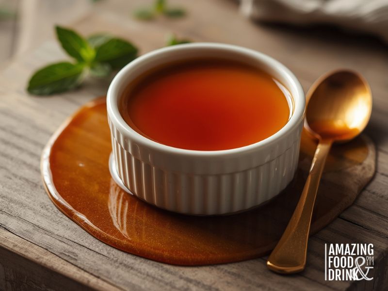 A white ramekin filled with caramel sauce sits on a wooden surface, caramel spilled around it and a gold spoon beside it&mdash;perfect for sharing at your Christmas potluck. Mint leaves add a festive touch in the background.