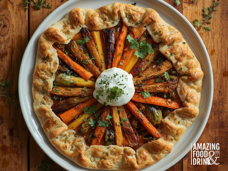A rustic vegetable galette with colorful roasted carrots and herbs, topped with a dollop of sour cream, makes a perfect centerpiece for your Christmas potluck or Noche Buena celebration, served on a white plate.