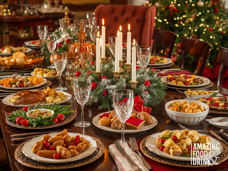 A festive dining table set for a Christmas gathering, adorned with assorted dishes, glasses, a candle centerpiece, and holiday decorations, with a glowing Christmas tree in the background.