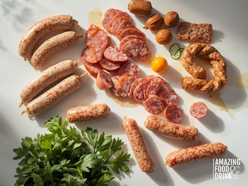 Assorted raw and sliced sausages arranged on a white surface with fresh parsley, a cherry tomato, cucumber slice, and the "Amazing Food & Drink" logo in the corner&mdash;perfect for pairing with your favorite sausage queso dip.