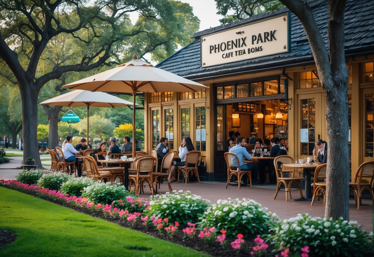 Outdoor view of a café with tables and chairs surrounded by trees and flowers in a park setting, with people enjoying tea and coffee.