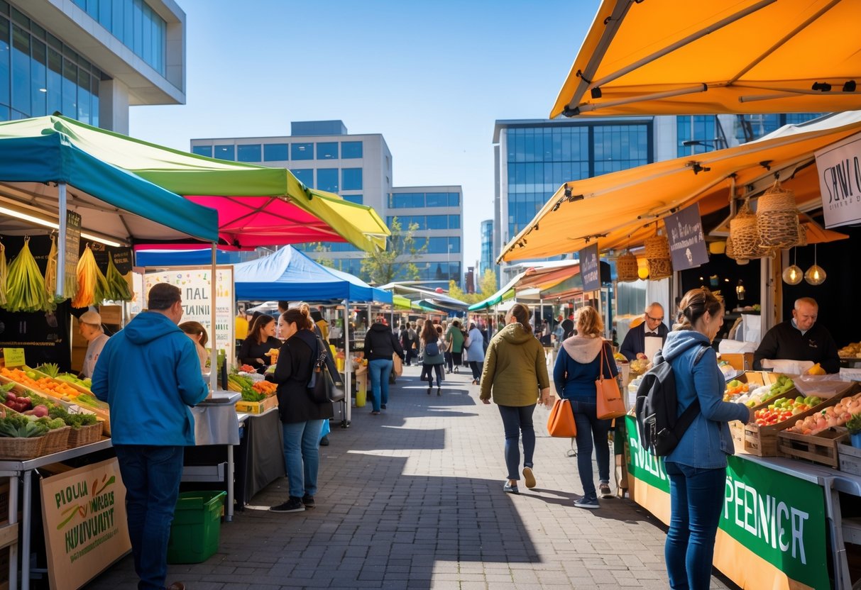 Outdoor market at Spencer Dock with food vendors and shoppers interacting among colorful stalls near the waterfront.