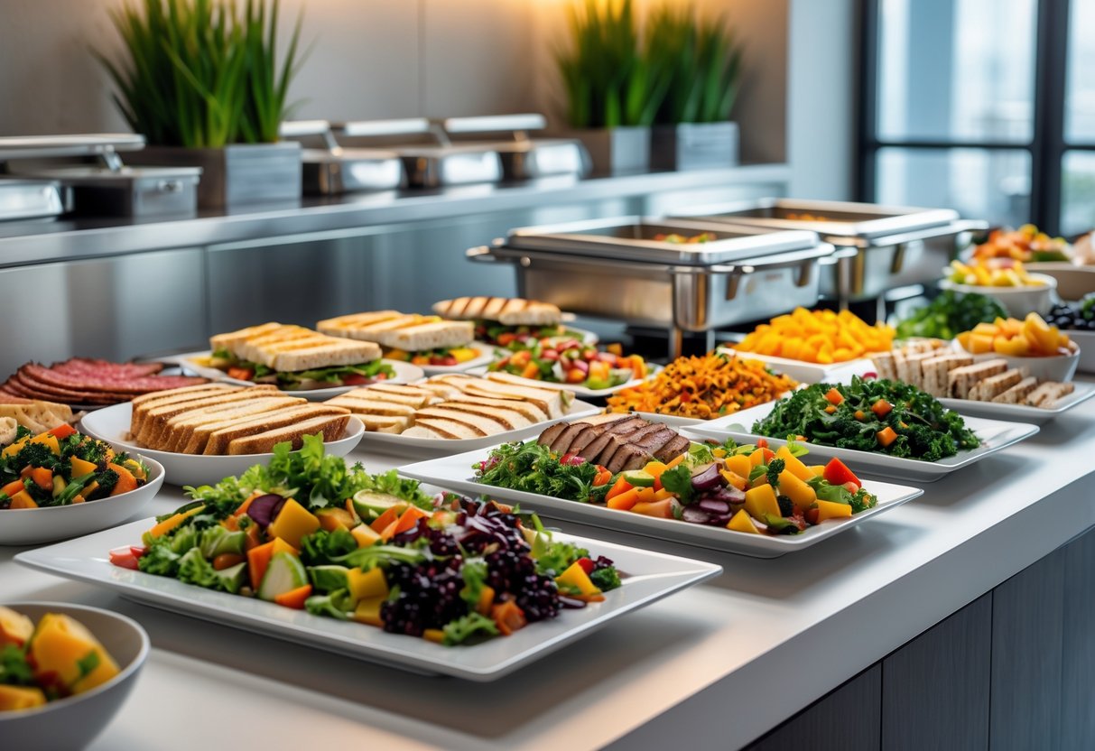 A buffet table with a variety of fresh salads, grilled meats, sandwiches, and fruits arranged neatly in a modern cafeteria setting.