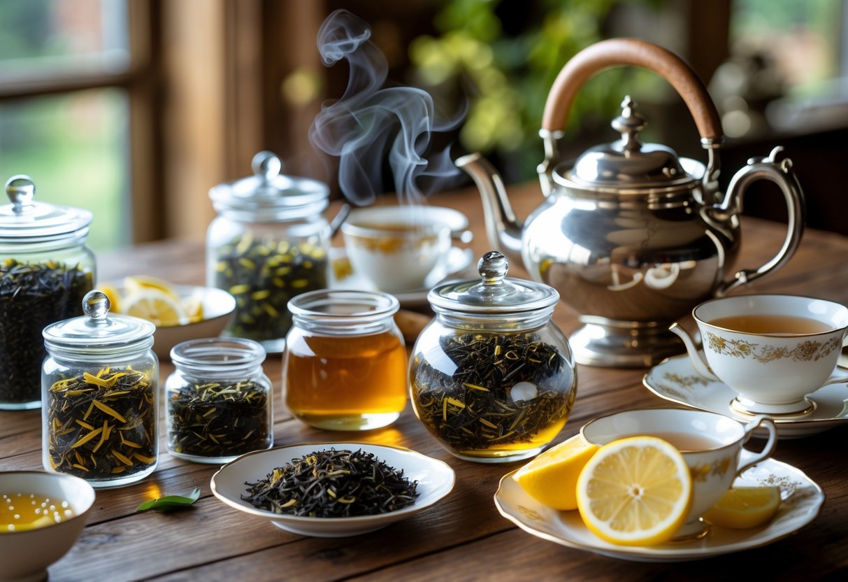 A table set with various loose leaf teas in glass jars, porcelain teacups, a silver teapot, honey, lemon slices, and loose tea leaves in a cozy tea room setting.