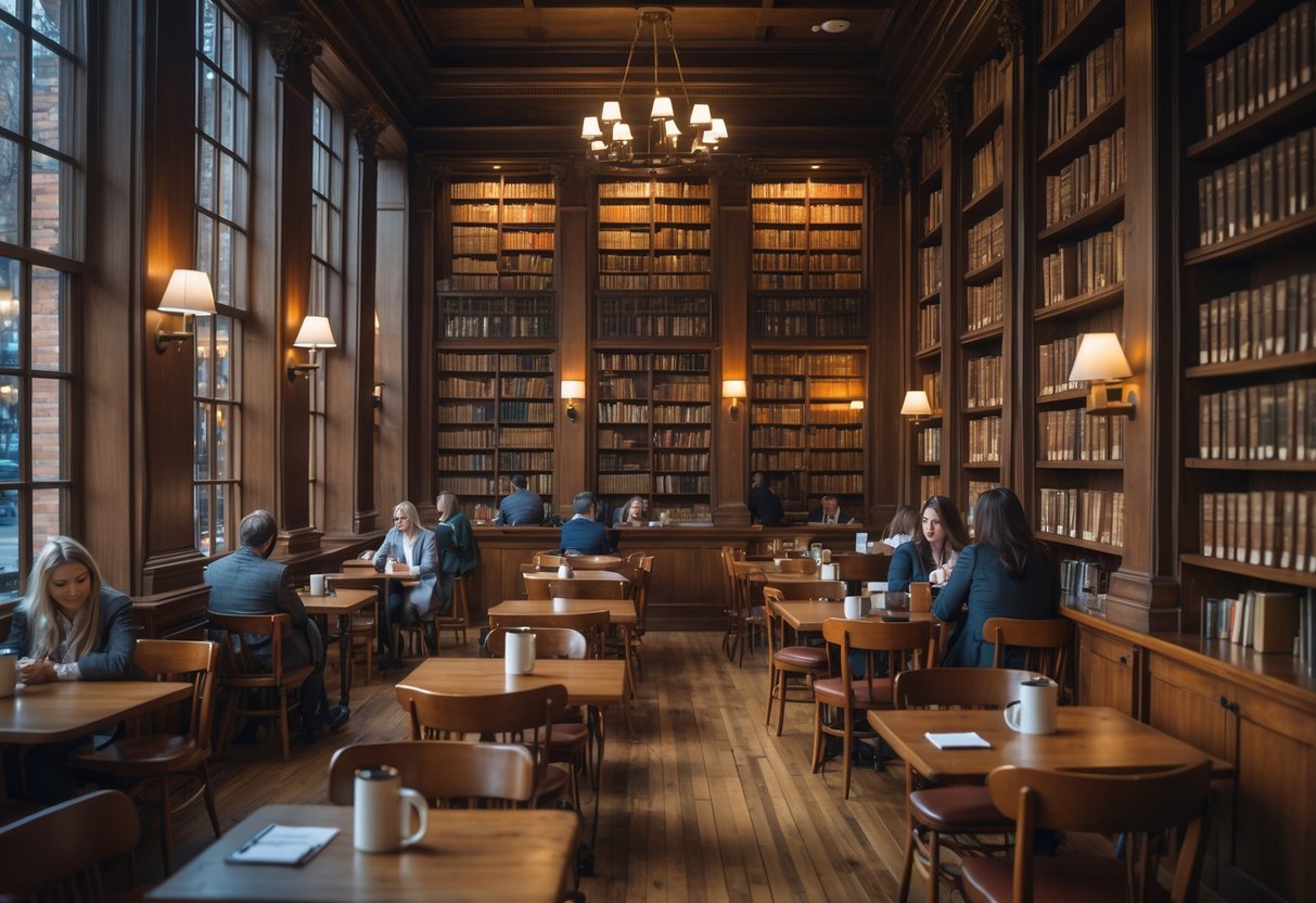 An inviting cafe inside a historic library with wooden bookshelves, tables, chairs, and people enjoying coffee and reading.