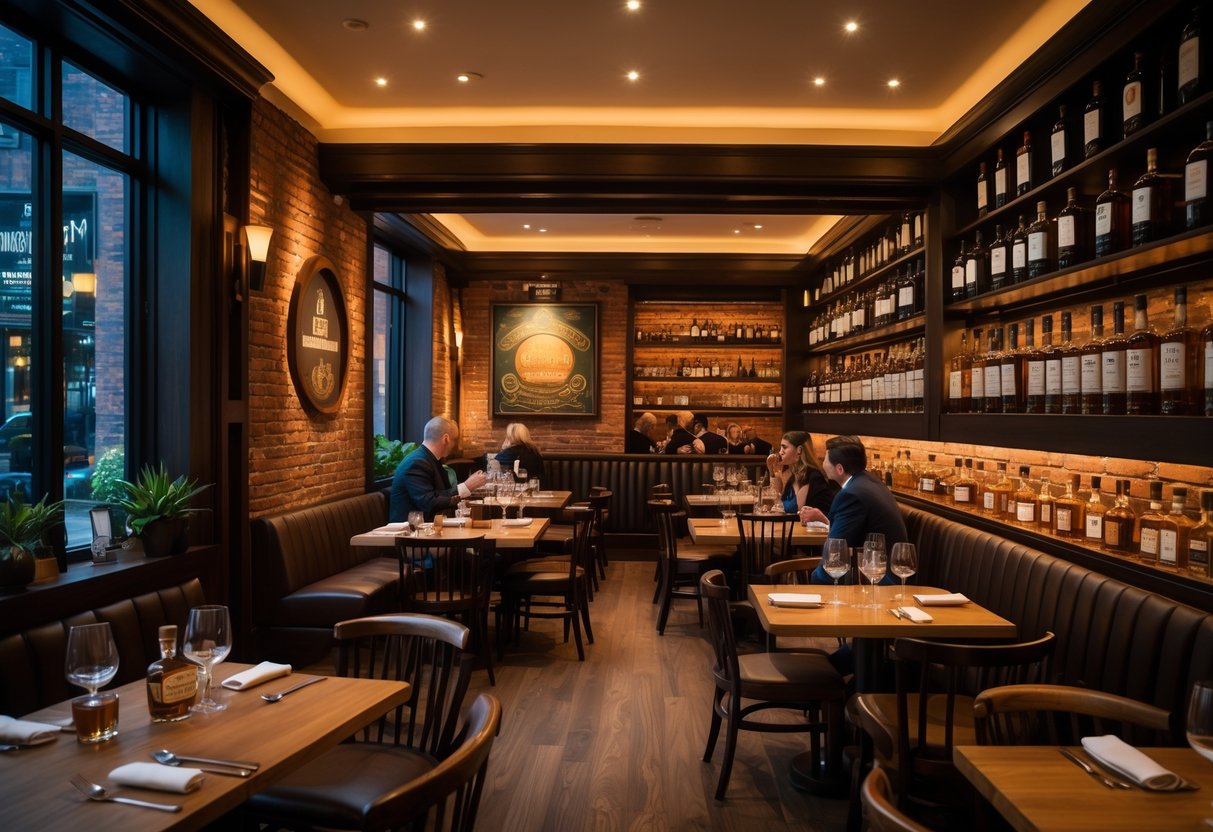Interior view of a cozy Irish whiskey museum restaurant with wooden tables, whiskey bottles on shelves, and warm lighting.