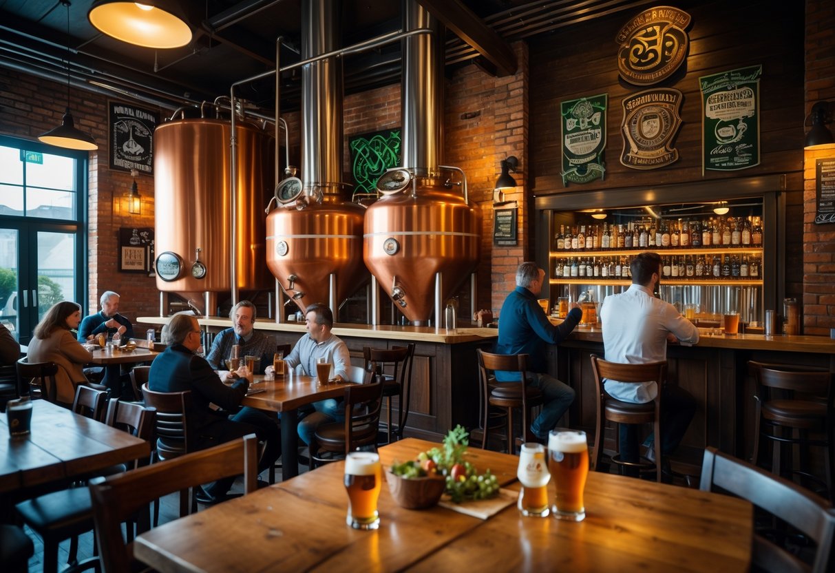 Interior of an Irish brewery restaurant with wooden tables, brewing equipment, and people enjoying food and drinks.