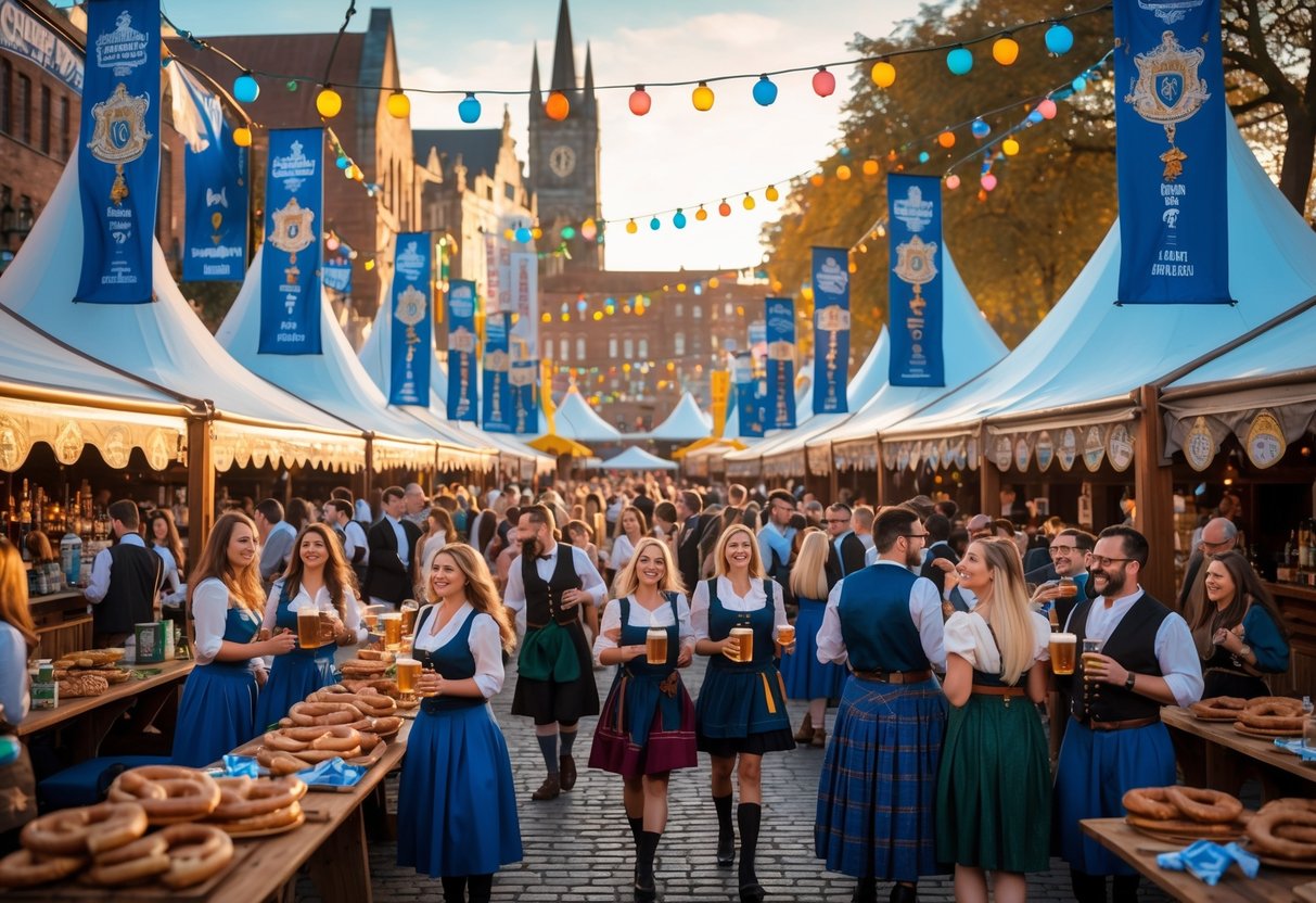 People celebrating Oktoberfest outdoors in Dublin with festive tents, traditional clothing, beer mugs, and autumn cityscape in the background.