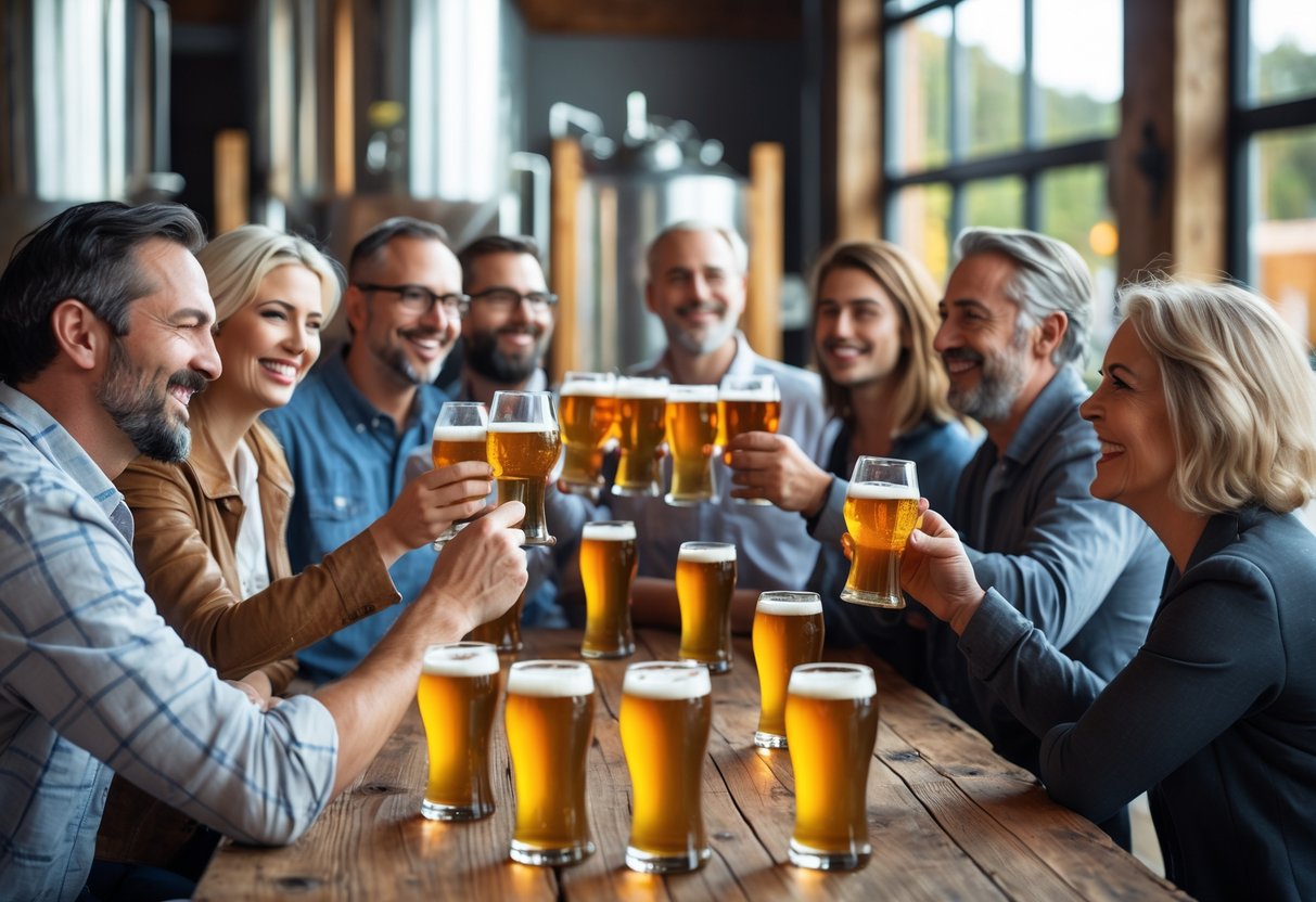 A group of people tasting different beers together at a brewery, smiling and holding small glasses around a wooden table.