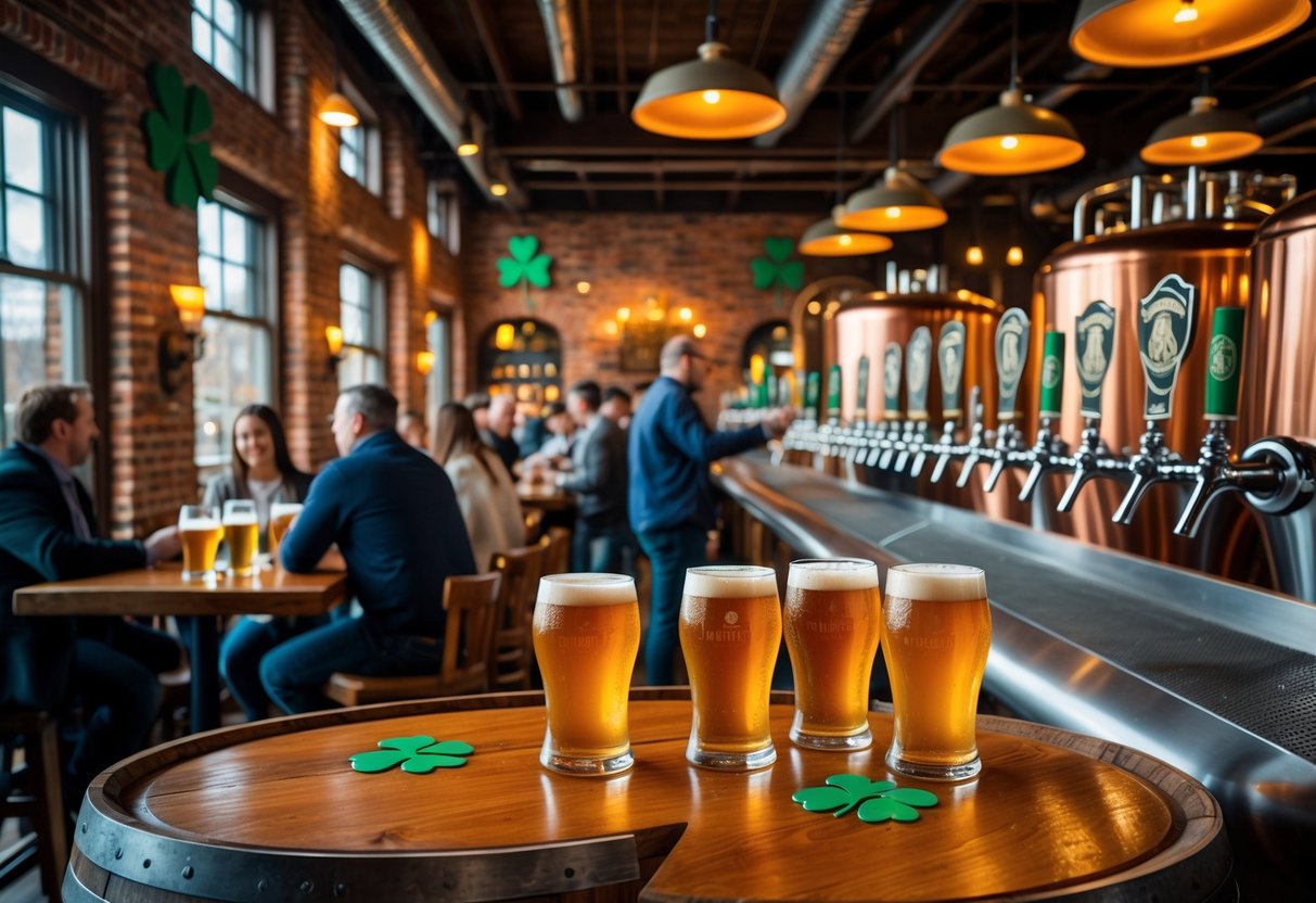 Interior of an Irish brewery taproom with wooden barrels, copper brewing equipment, and people enjoying pints of beer.
